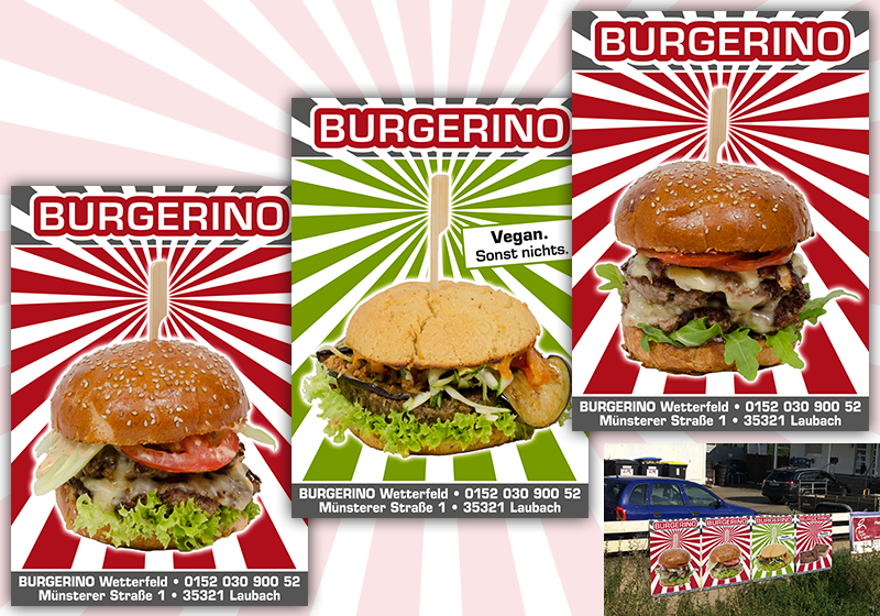 Das Bild zeigt drei Poster, die für den Burger-Laden gestaltet wurden.